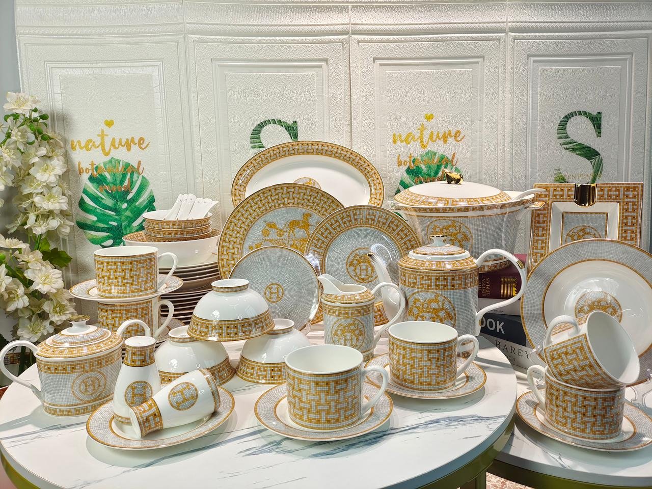 Hermes golden Dinner set of 58 pieces for 6 people - Hermes Dinner set | Aleppo Gift UAE